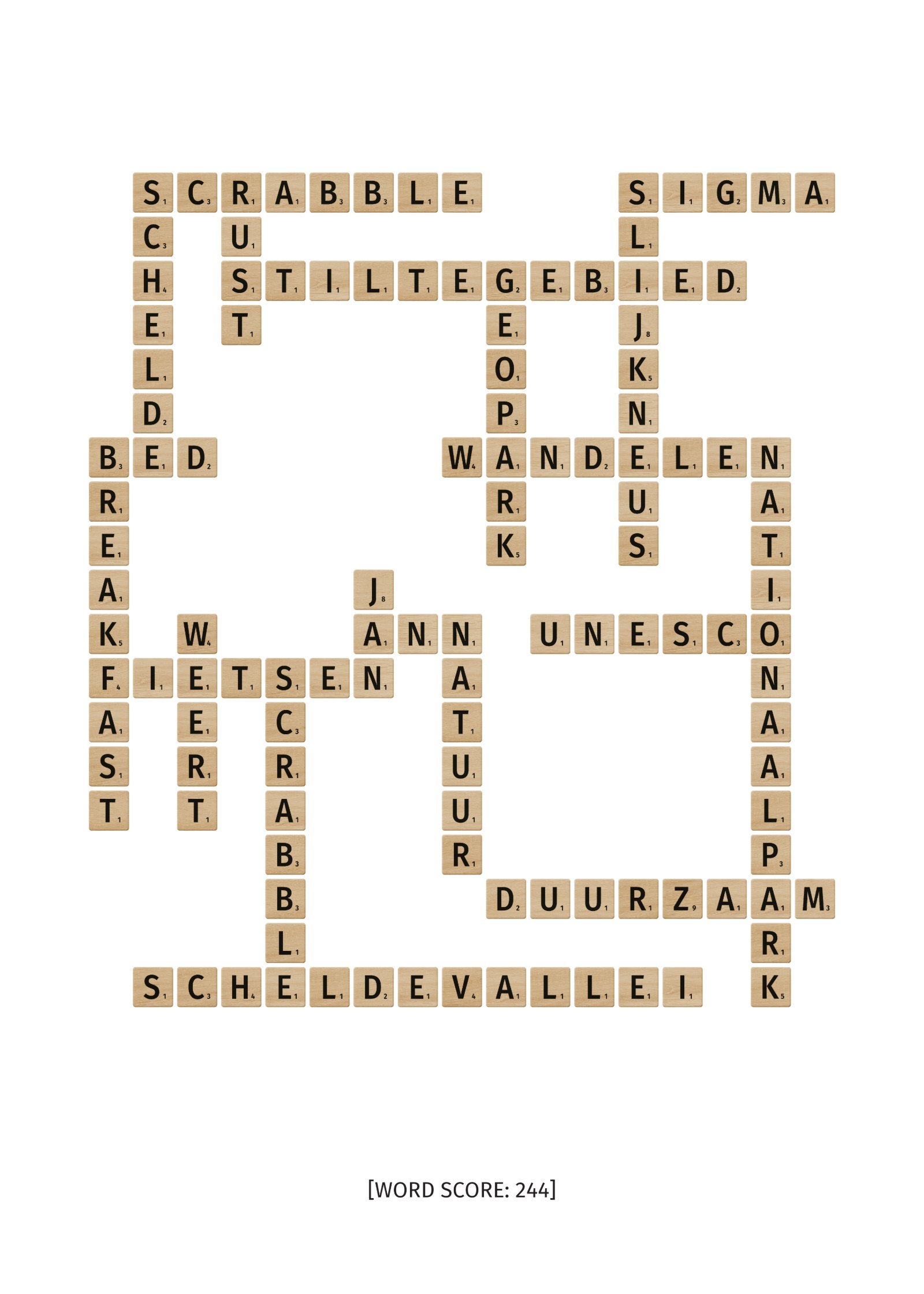 Scrabble crossword with words like Scrabble, B&B, quiet zone, Scheldt Valley, Sigma, hiking, biking, Ann, Jan, sustainable, and nature